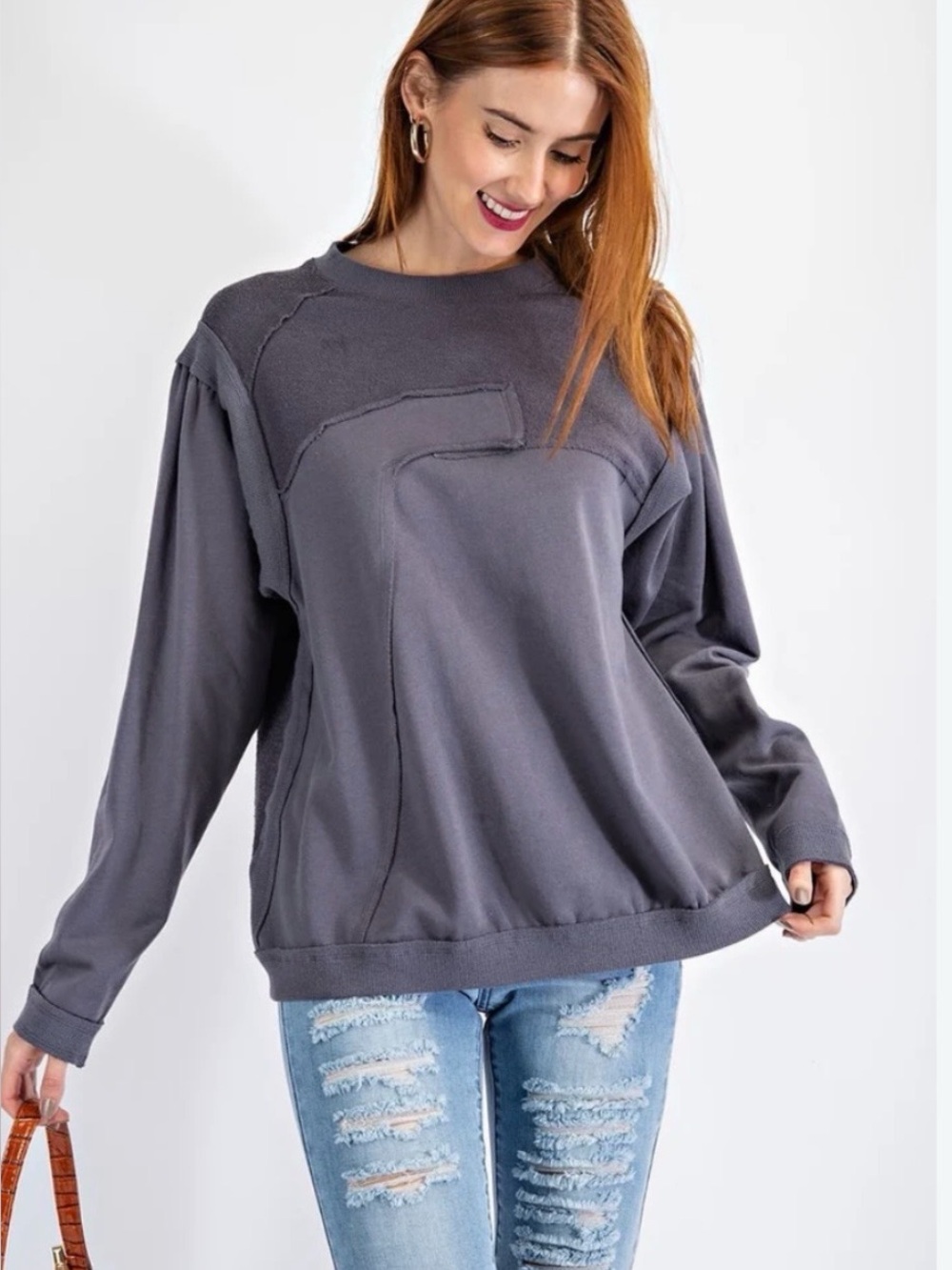 easel Charcoal Gray Relaxed Seam-Detail Pullover Long Sleeves Top